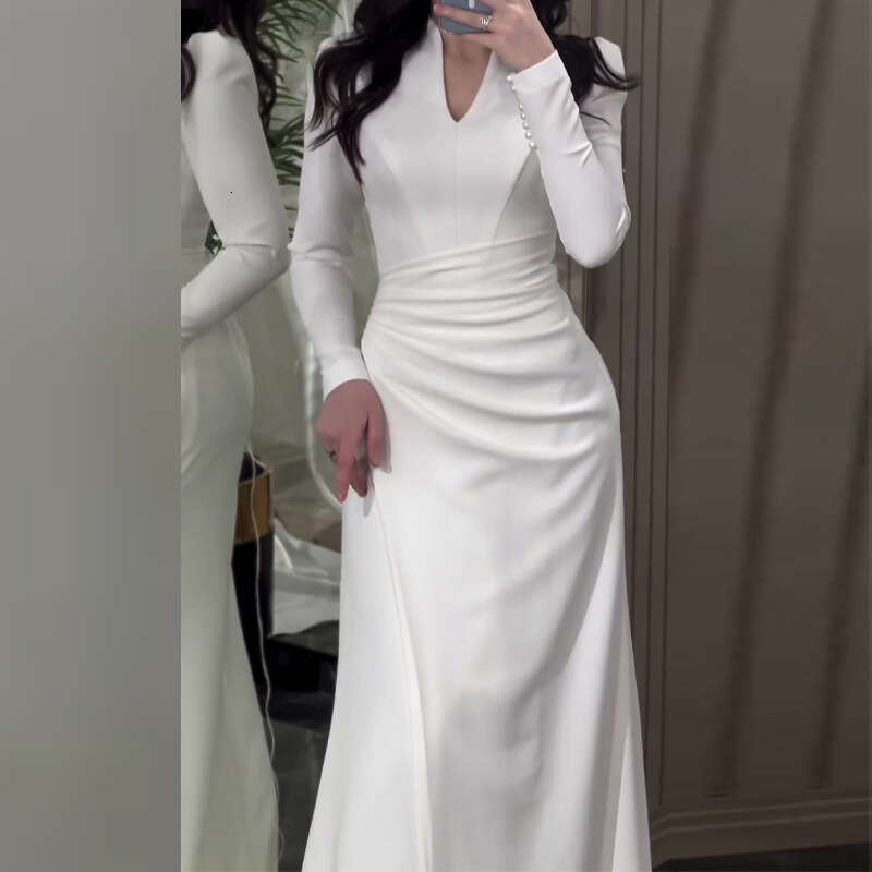 2024 Autumn New Solid Color Slim Fit Gentle Fold Long Sleeve Dress