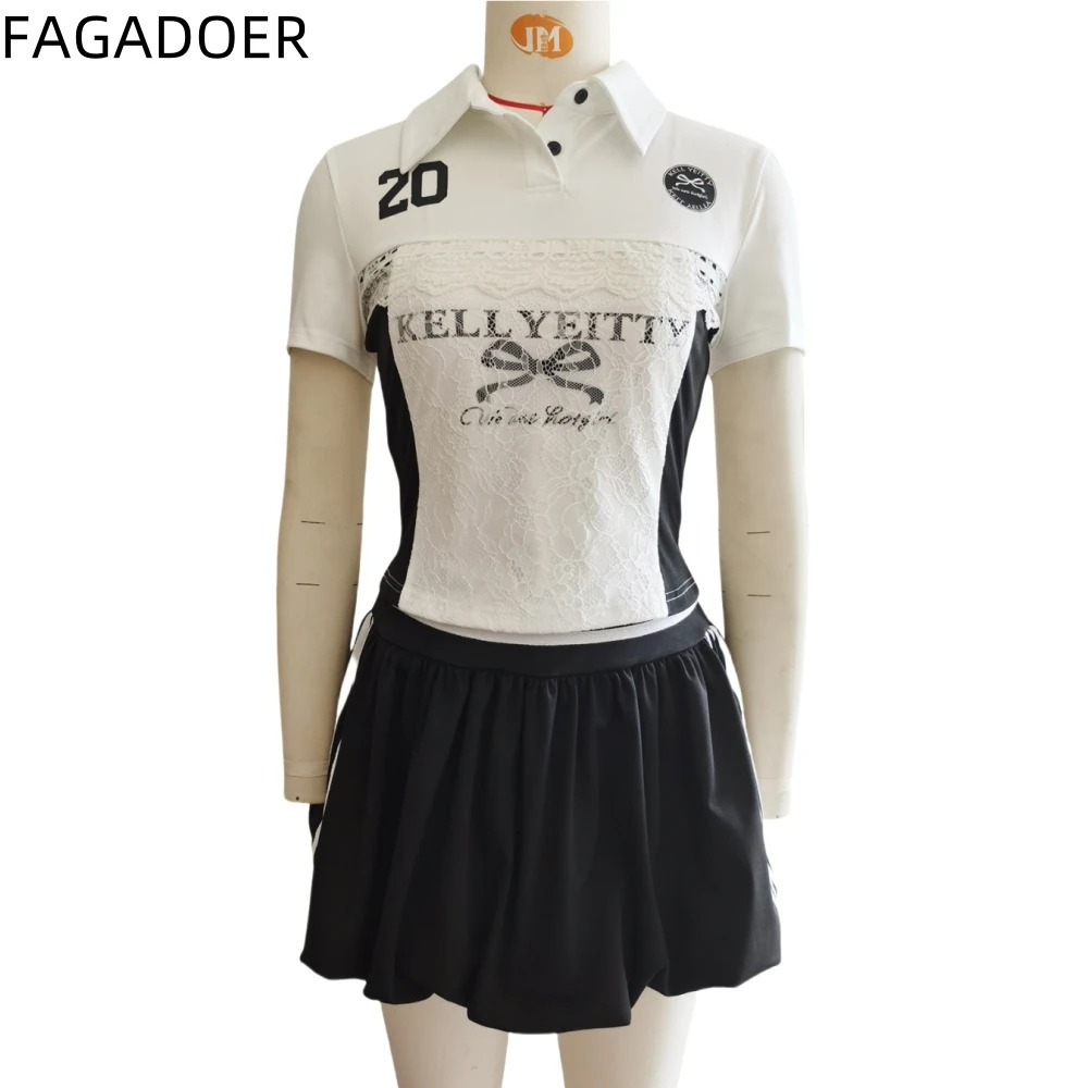 FAGADOER Sexy Lace Patchwork 2 Piece Sets Woman Outfit America Spicy Girl Letter Printing Crop Top and Skirt Female Streetwear 250515