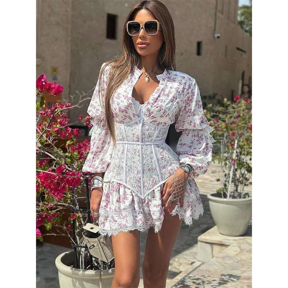 V-Neck Printed Lace Female Ruffled Fashion High Waist Slim Bandage Summer Short Party Women's Mini Dress