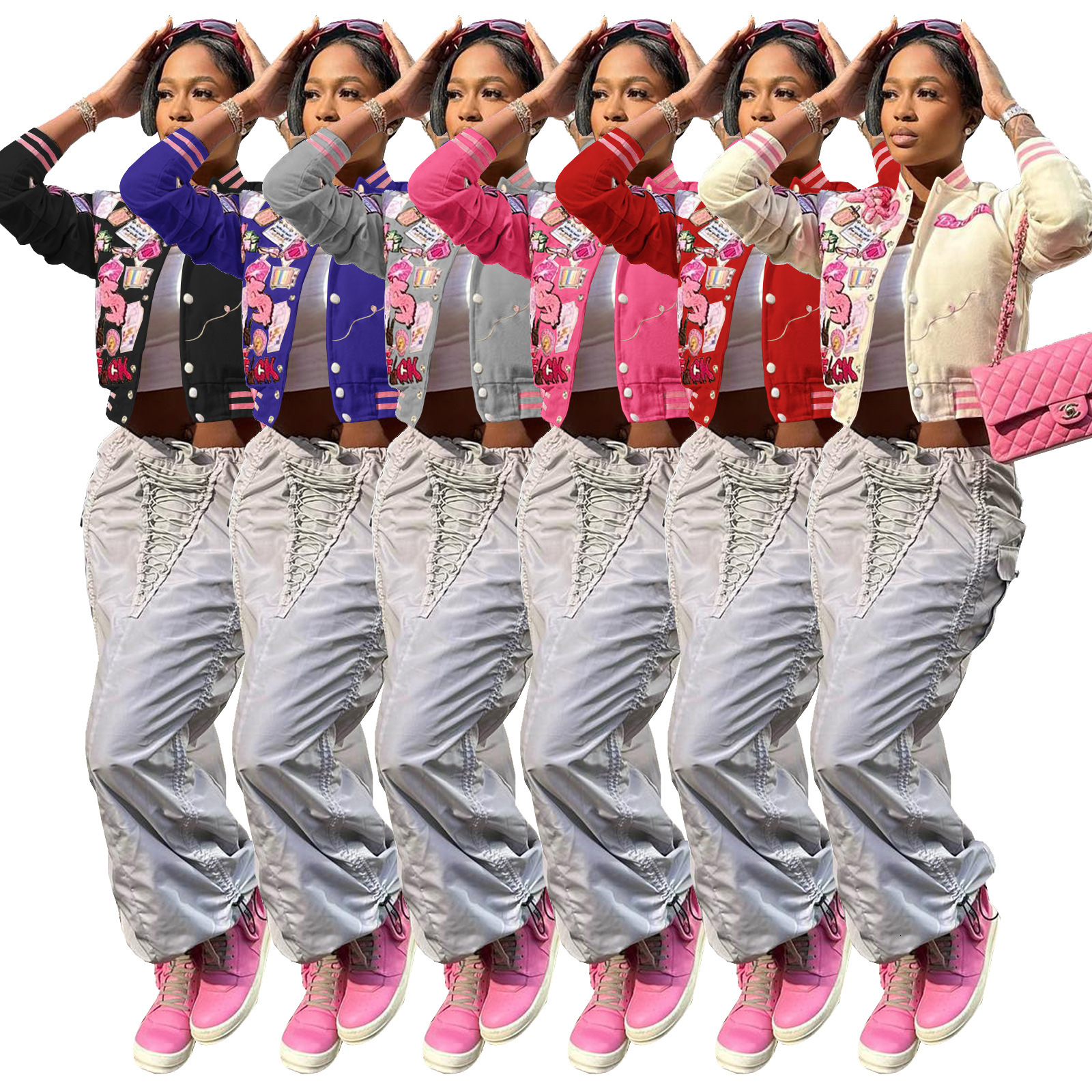 HR23012 Womens fashion printed baseball jacket