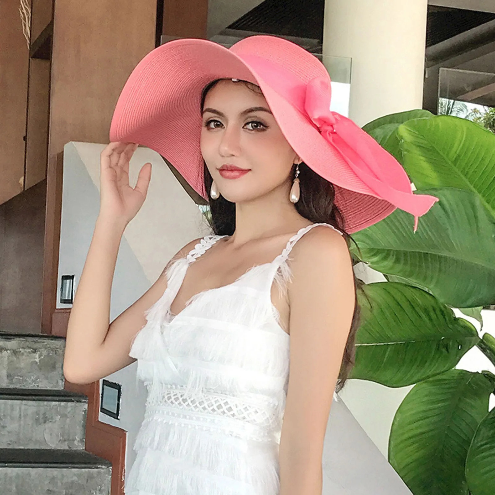 Summer Women Straw Hat Bowknot Wide Brim Floppy Foldable Panama Hats Adult Outdoor Sun Protection Flat Top Ribbon Beach Cap 250514