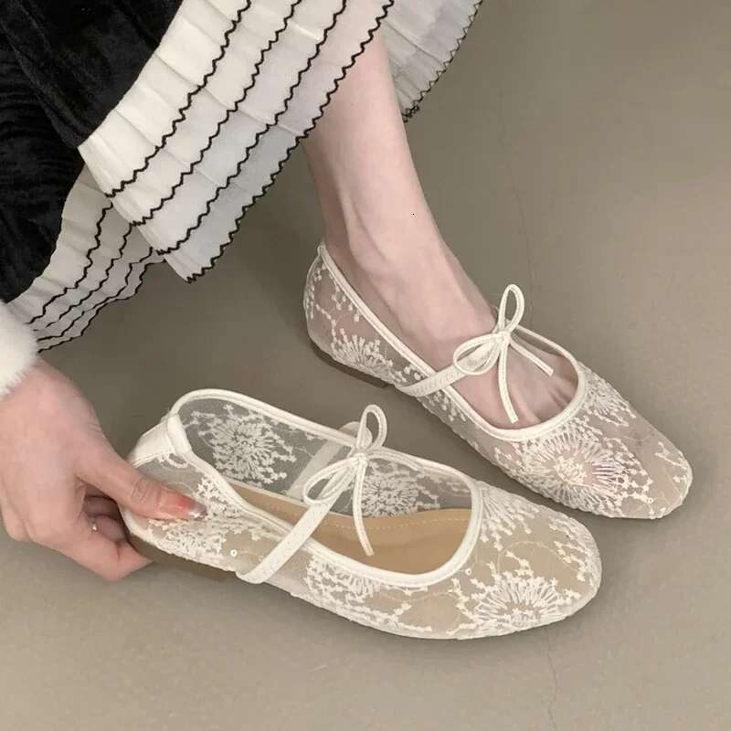 Mesh Ballet Flat Women Embroidery Soft Sole Bowknot Fashion Footwear Female Hollow Comfort Designer Brand Mary Jane Shoes
