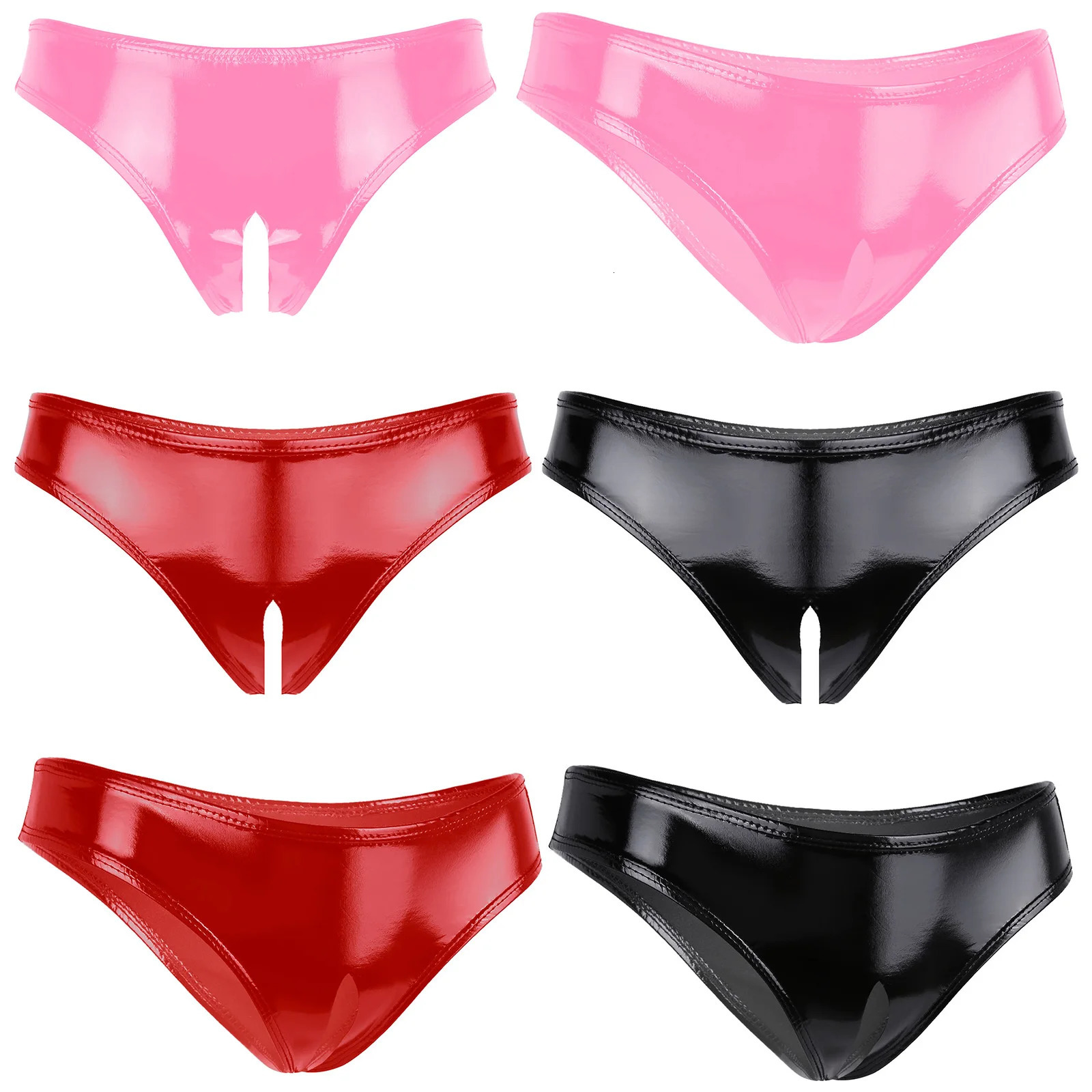 Sexy Wet Look Crotchless T-back Thongs Women PU Leather Cutout Panties Briefs Sexy Underwear Females Open Butt Low Waist Briefs 250515