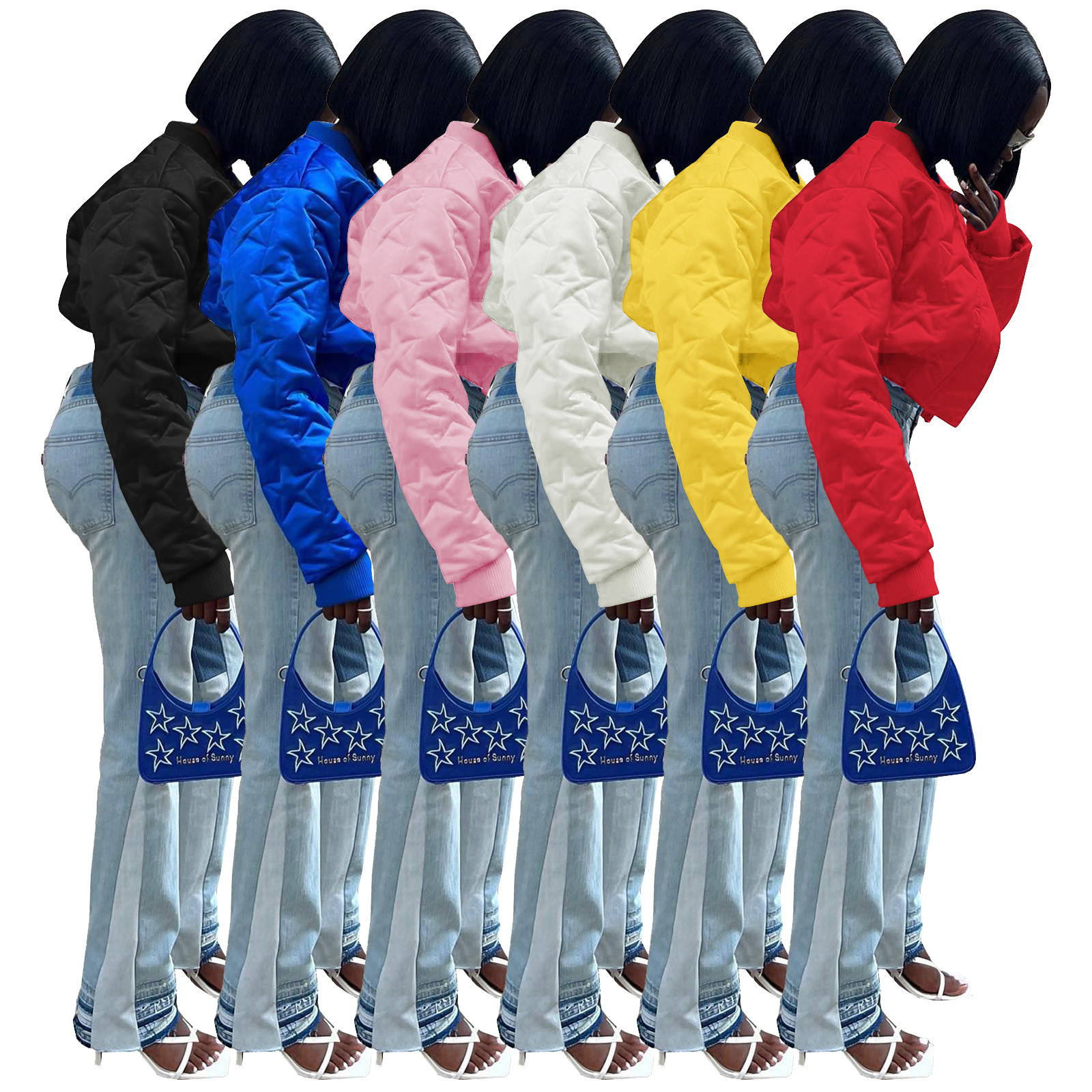 HR23092 Womens Star Embossed Thumb Clip Cotton Thickened Warm Jacket