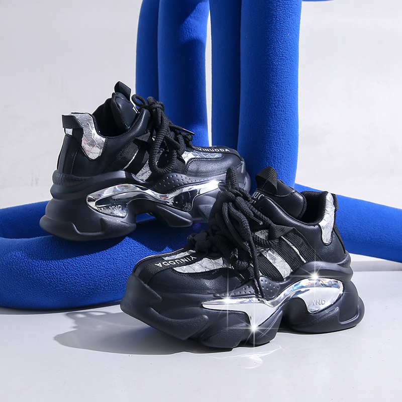 Mix Color Chunky Platform Non-Slip Sneakers Heels Vulcanize Shoes Women Fashion Platform Casual Shoes Woman 2025 Lace-Up Non-Slip Walking Shoes 8.5CM 