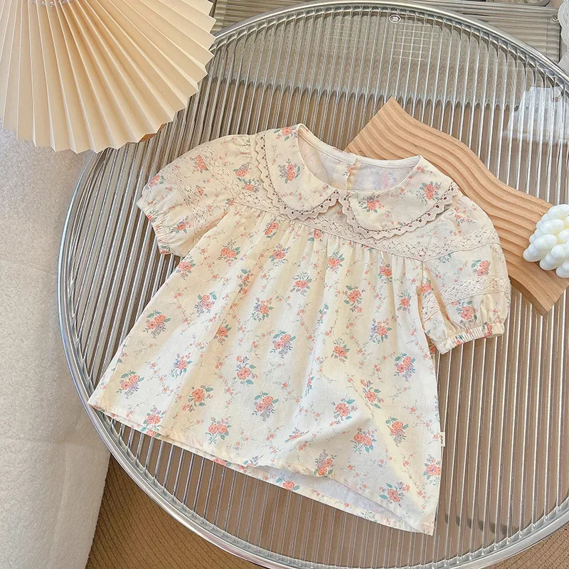 T Shirt Girls Pure Cotton Short Sleeve Doll Shirt Short Sleeve Floral Top Sweet Baby Clothes Style with A Touch of Chinese Trend 250515