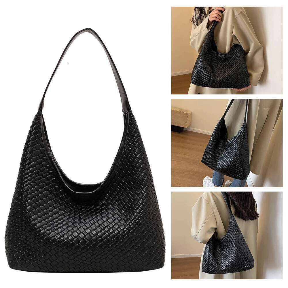Women Large Shoulder with Pouch Top Handle Trendy PU Woven Tote Leather Armpit Handbag Commuting Bag