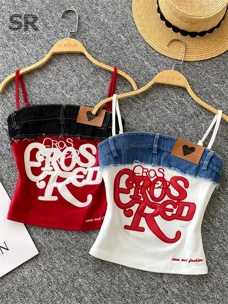 SINGREINY American Retro Y2k Strap Tops Letter y Denim Patchwork Fashion n Women sweet Streetwear Slim Crop Top 250515