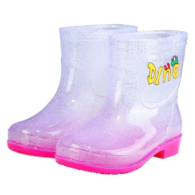 Sequin Transparent Childrens Rain Boots Cartoon Pattern Kids Anti Slip Waterproof Soft Sole Thick Bottom Shoes Rainy Weather 250515