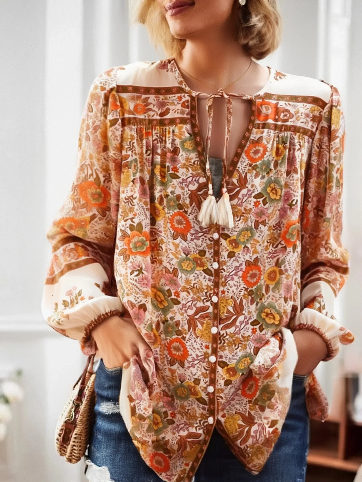 Boho Queens Women Floral Printed Vneck Long Sleeve Tassel Blouse Shirts Ladies Button Rayon Shirt Bohemian 250515