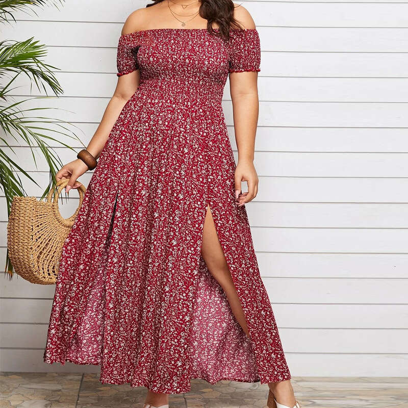 Plus Size Womens Dress June Tender Floral Dress Plus Size Womens Clothing Womens Large Casual Bohemian Print Off Shoulder One Line Neck Split Long Sma