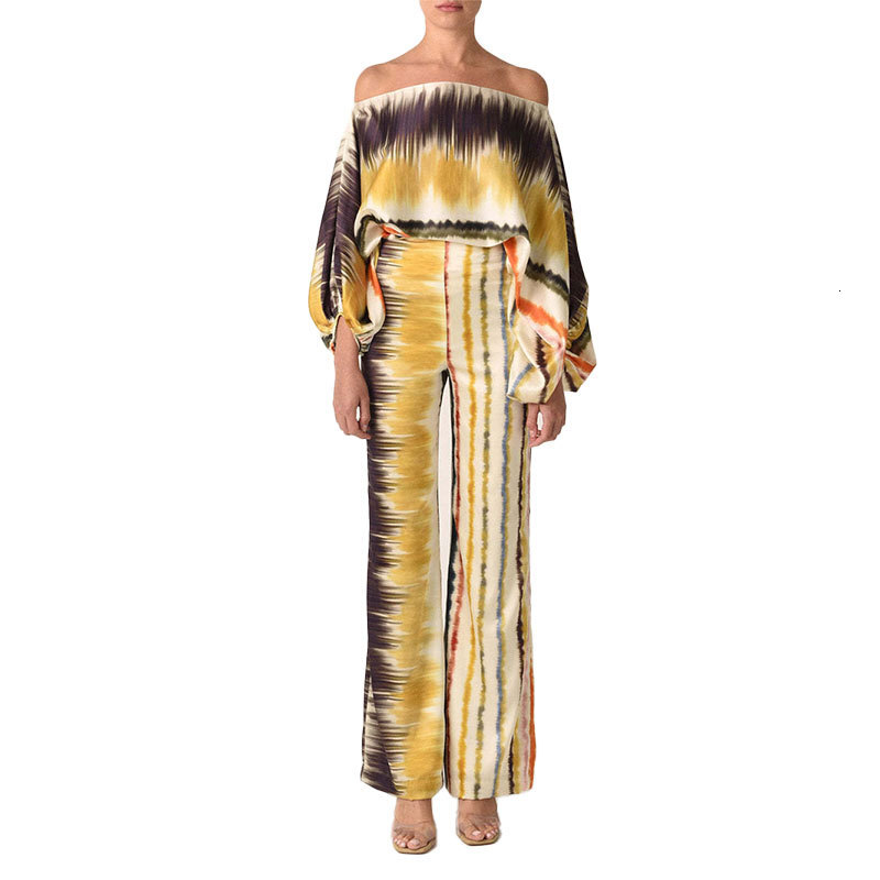 2025 Spring New Collection Womens Printed Round Neck Loose Bat Sleeve Waist Wide Leg Pants Fashion Set