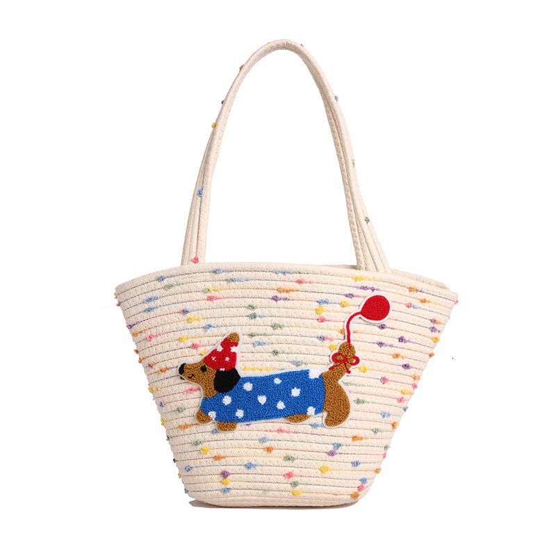 2025 New Summer Vacation Handheld Beach for Women, Large Capacity Straw Weaving Versatile Cartoon Single Shoulder Bucket Bag