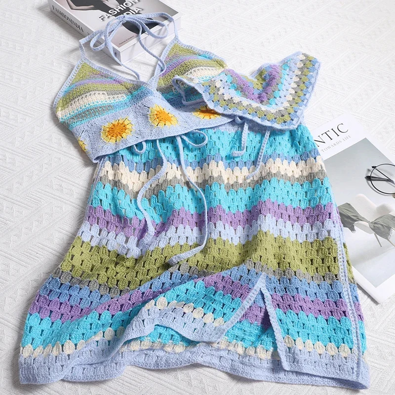 Woman With Headscarf Colorful Knitting Small Suspender For Slimming Effect Split Skirt Three Piece Set Seaside Vacation Style 250515