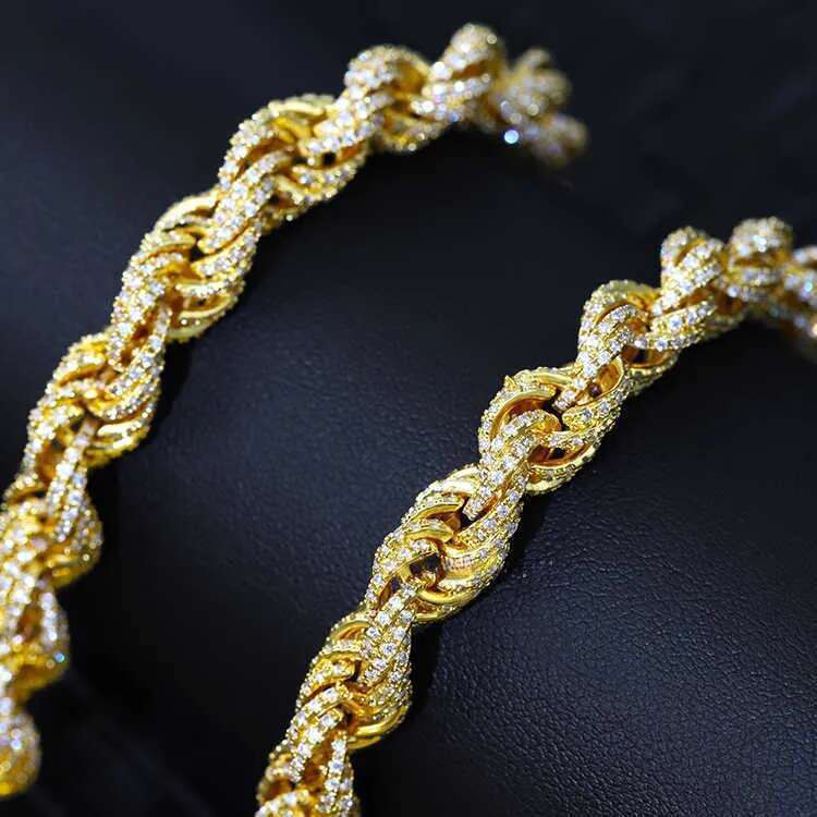 Fashion Necklace 8mm Width Solid Sier Gold Plated iced out Moissanite Men Women Hip Hop Rope k Chain