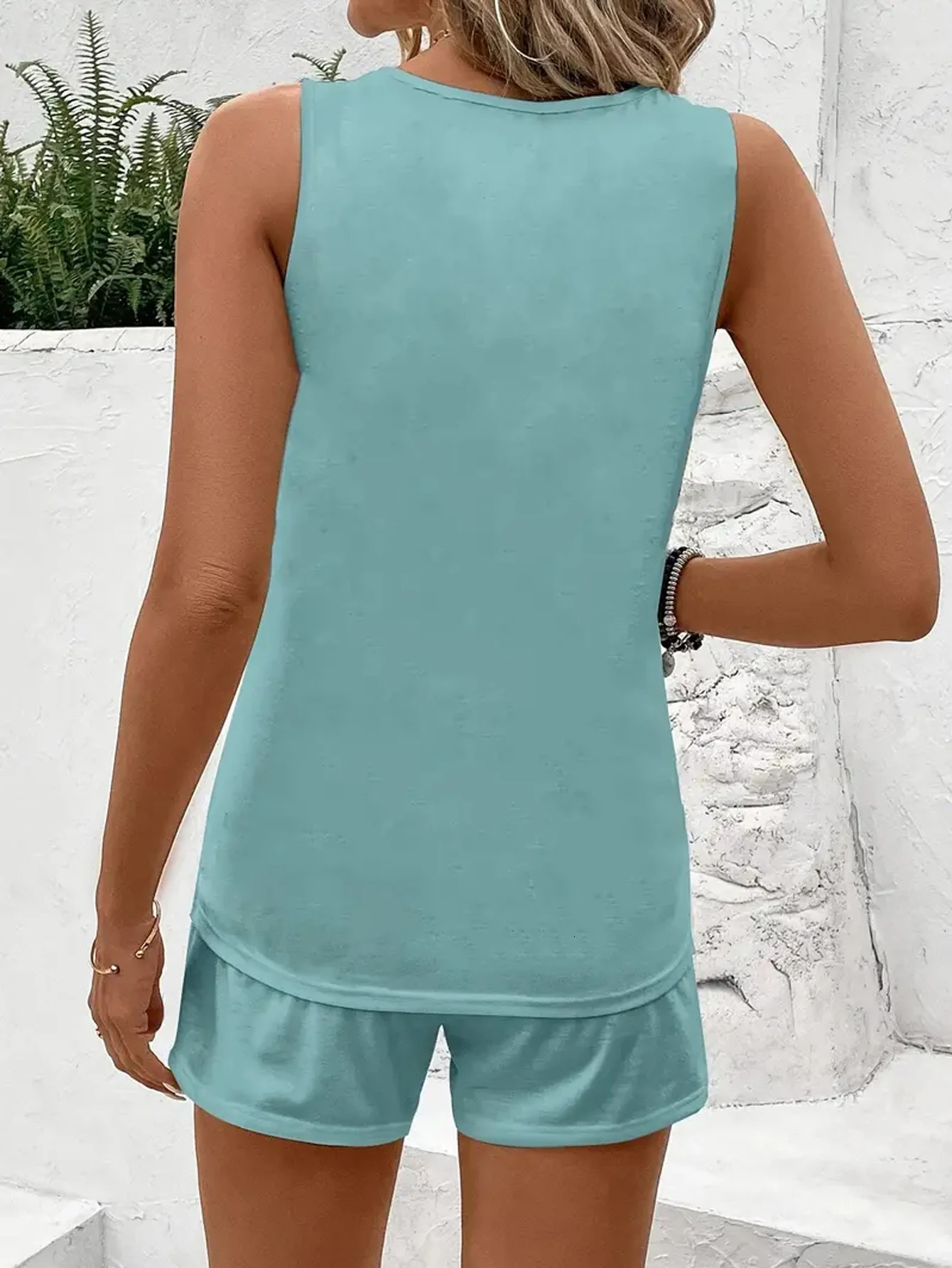 Plus size elegant sleeveless printed top sleeveless top drawstring shorts casual versatile vest shorts set 250514