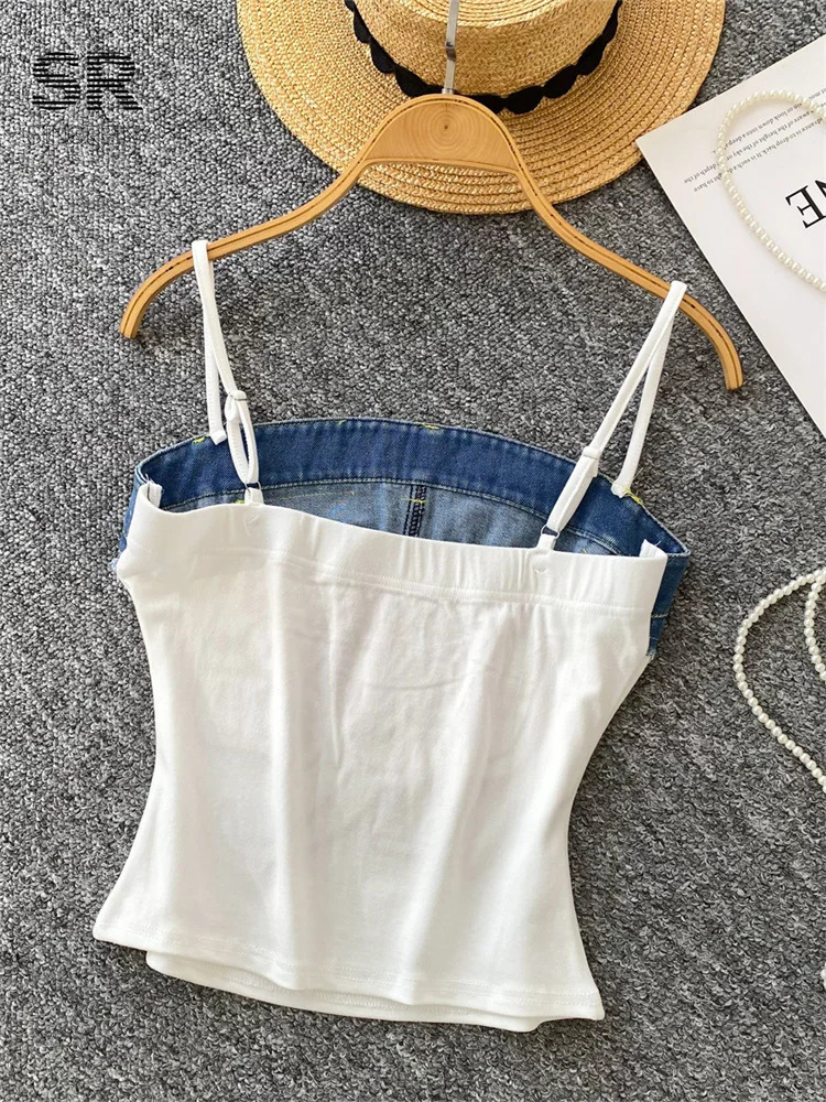 SINGREINY American Retro Y2k Strap Tops Letter y Denim Patchwork Fashion n Women sweet Streetwear Slim Crop Top 250515