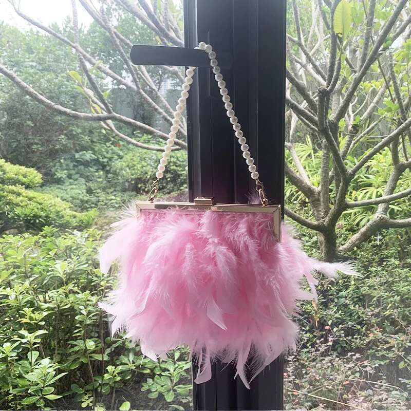 Fashion Turkey With Pearls Handles Handbag Clutch Designer Woman Faux Fur Crossbody Shoulder Feather Bridal Bag