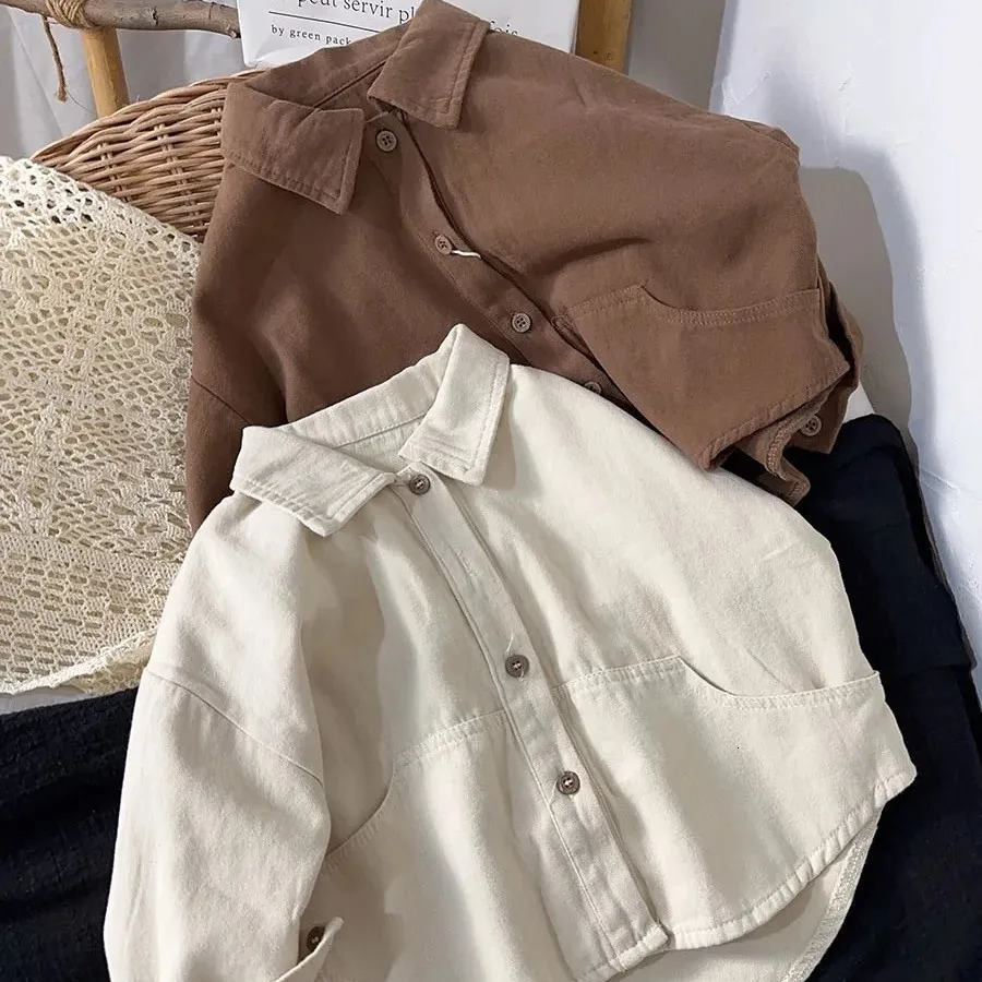 Boys Shirt Spring and Autumn Girls Cotton Long sleeved Shirt Baby Solid Color Top Childrens Cardigan 250515