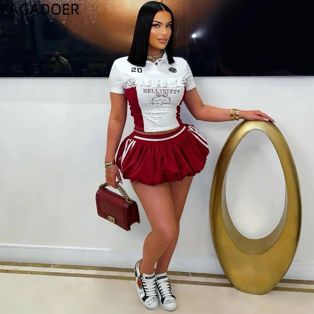 FAGADOER Sexy Lace Patchwork 2 Piece Sets Woman Outfit America Spicy Girl Letter Printing Crop Top and Skirt Female Streetwear 250515