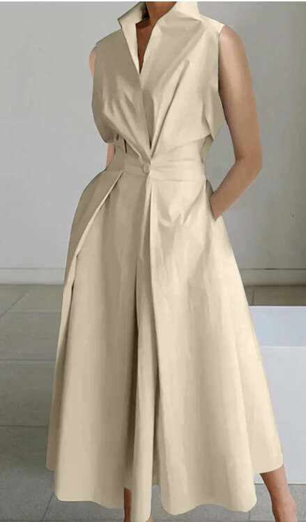 White Dress Maxi Dress 2024 Summer New Commuter Fashion Solid Color V-Neck Women's Button Large Hem Dress KQ