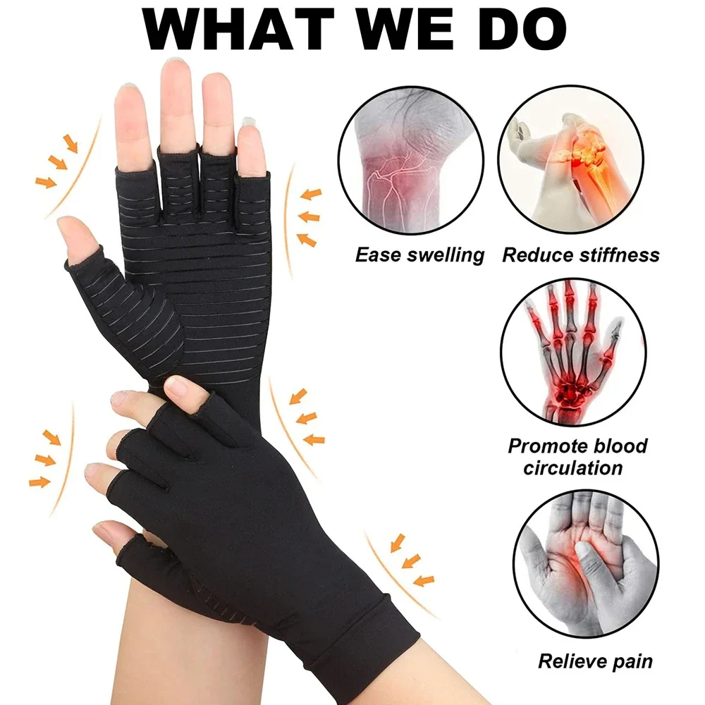 2Pair Anti Slip Fiber Copper Gloves for Hand Pain Fiber Half Finger Gloves Swelling - Fingerless Gloves Carpal Tunnel Pain Wrist Support for Women Men