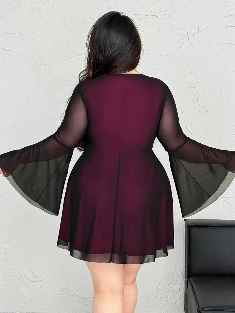 Plus Size 2025 Sexy Color Crash V Neck Love Heart Flared Sleeve Long Sleeve A Pendulum Dress Short Dress 250515
