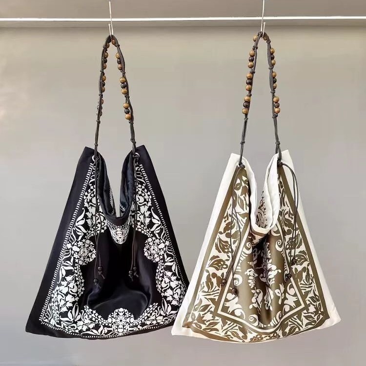 French Scarves, Double-Sided Art Printed Tote Large Capacity Commuting Beaded Single Shoulder Armpit Bags, Handbags For Women