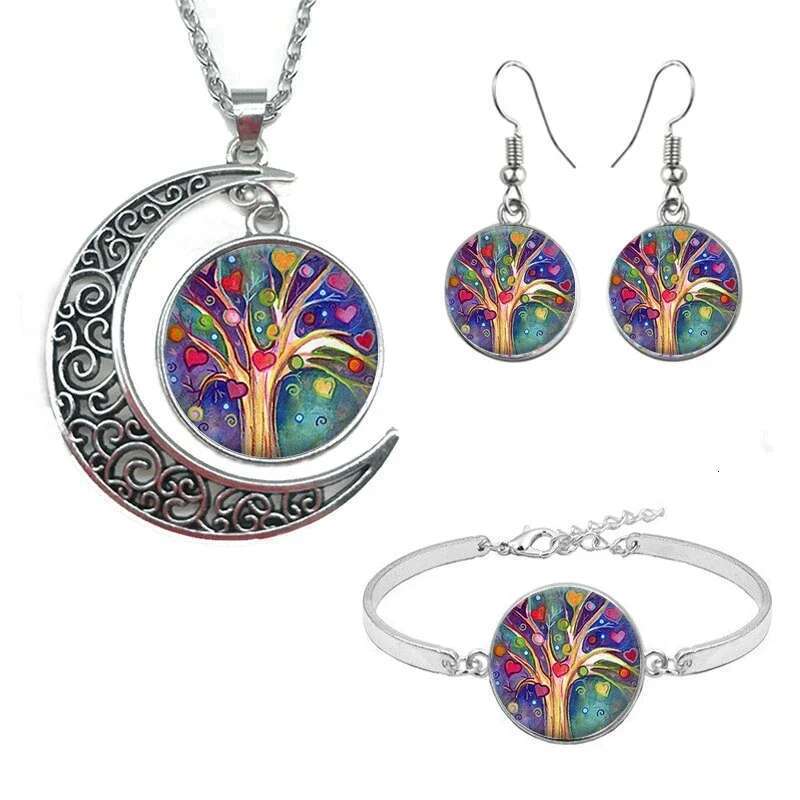 Celtic Tree Of Life Glass Cabochon Necklace Stud Earrings Bracelet Bangle Set Totally 4Pcs Women's Fashion Jewelry Creative Gift