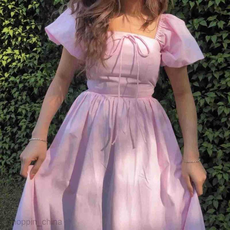 Women Dresses Women's summer new fashionable square neck solid color bubble sleeve sleeve waist cinched mid length dress