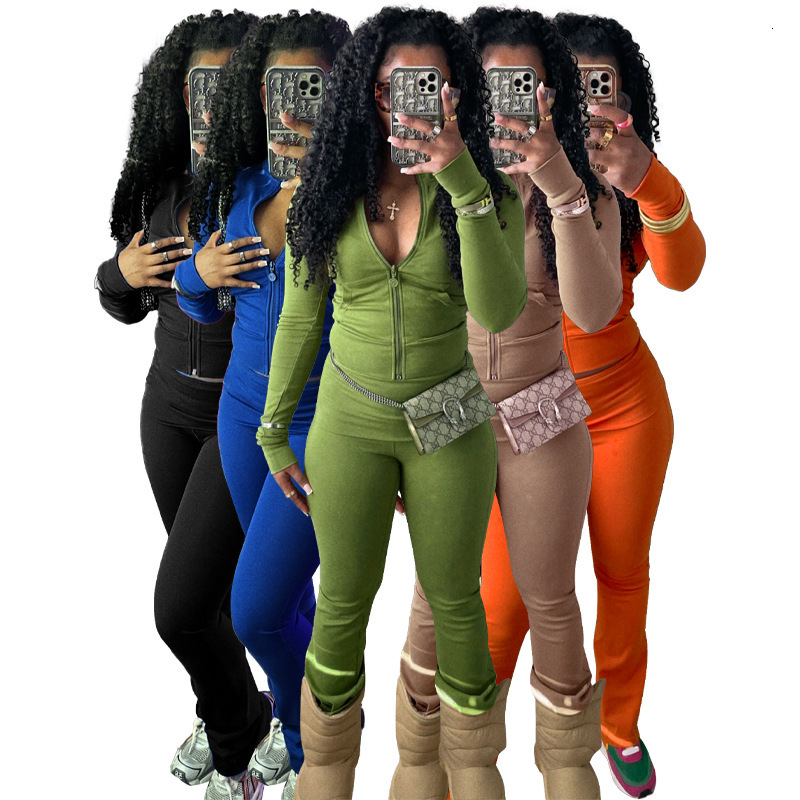 HR24066 Womens Sports and Leisure Tight Zipper Low Waist Folding Micro Horn and Velvet Set