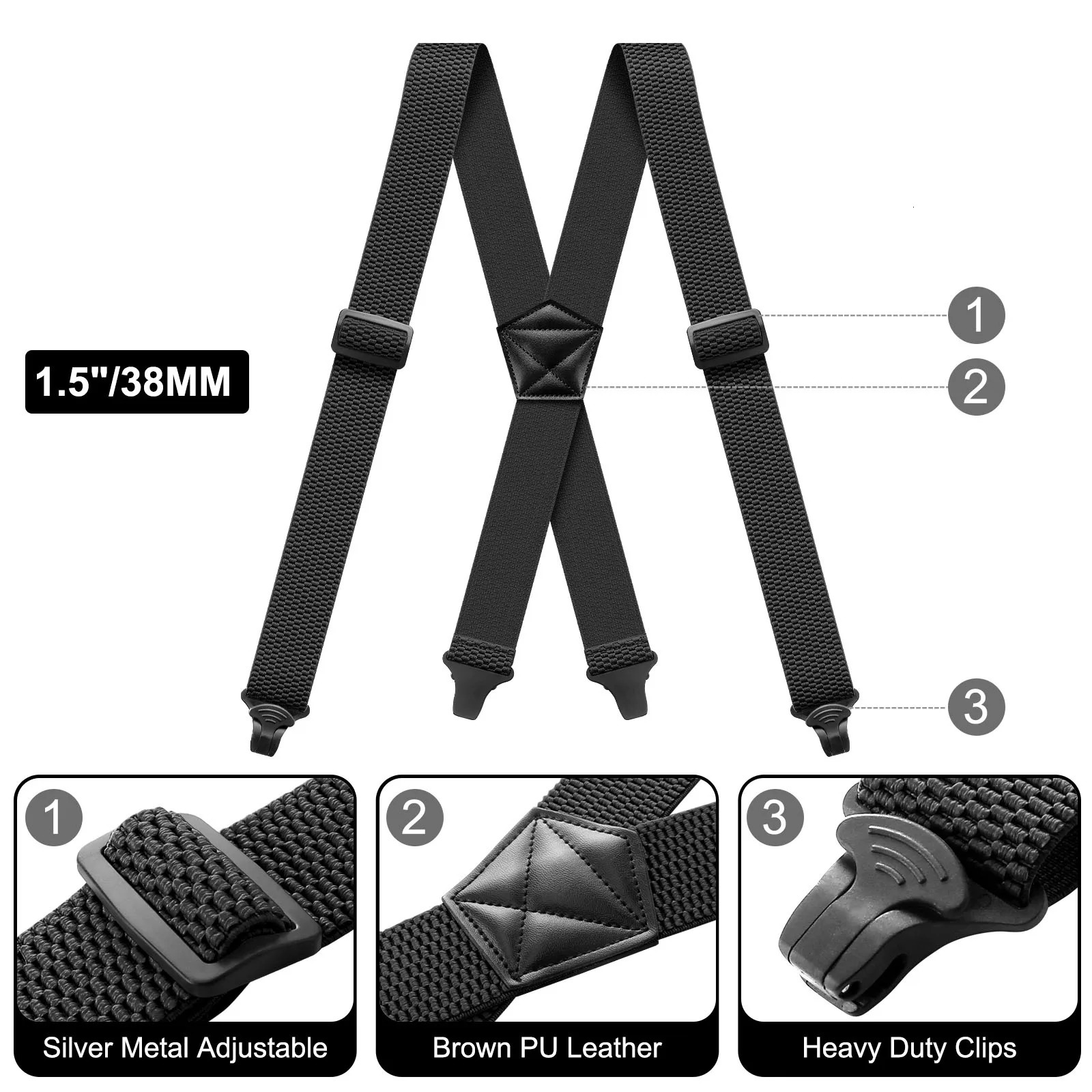 Men Suspenders Heavy Duty Work 3.8cm Wide X-Back with 4 Plastic Gripper Clasps Adjustable Elastic Trouser Pants Braces 250515