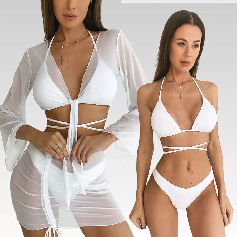 Wholesale swimwear for women in Europe America, three piece swimsuit set, solid color bikini factory, 2025 new style, chic and elegant clothing