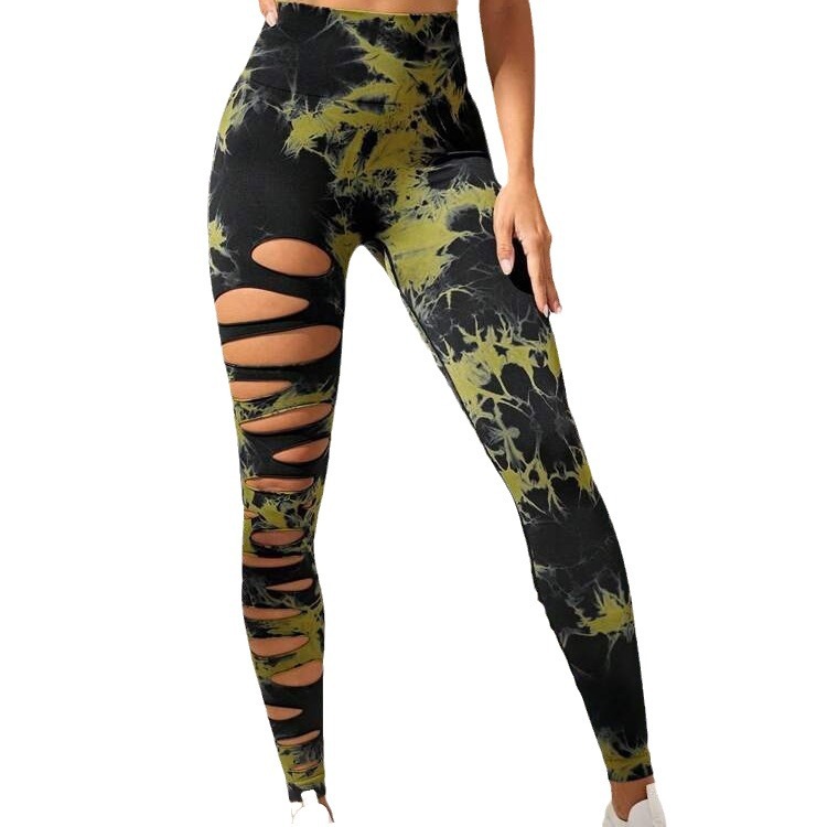 Hollow tie-dyed yoga pants high waist hip lift fitness pants running pants yoga clothes women's belly control trousers