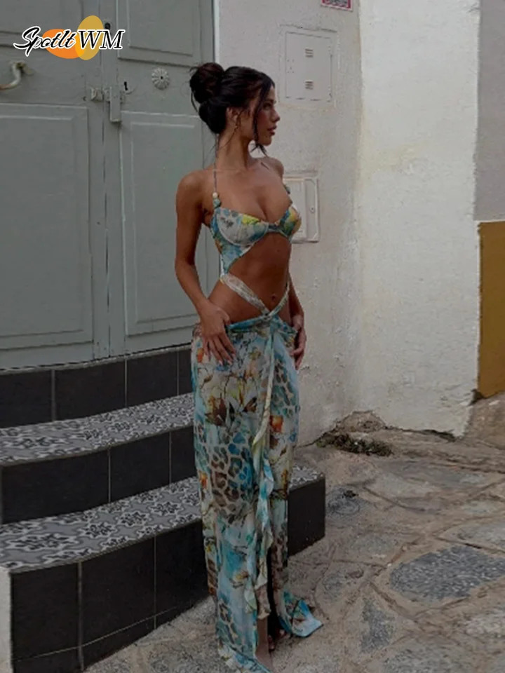 Vintage Green Printed Bikini Ruffles Hem Midi Dress Sexy Cut Out Halter Side Slit Dresses For Women Summer Beach Playwear 250515