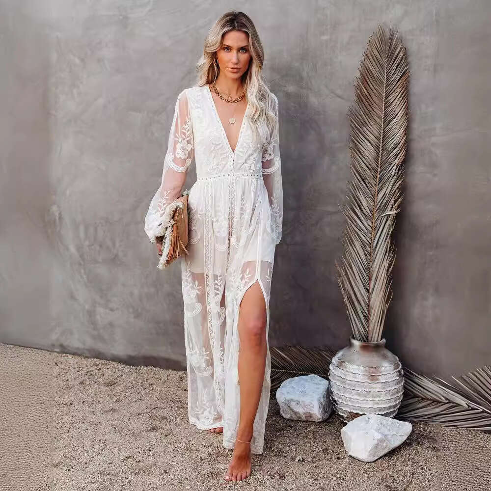 2021 Spring/Summer New Women's Lace Long Sleeve V-Neck Solid Chiffon Summer Dress