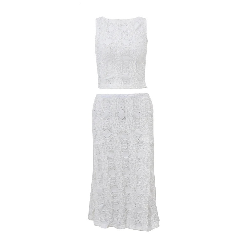 WhereMery Temperament Y2K Casual Streetwear Suits Summer Slim Sleeveless Lace Hollow Top and White Beach Skirt Women 2 Piece Set 250515