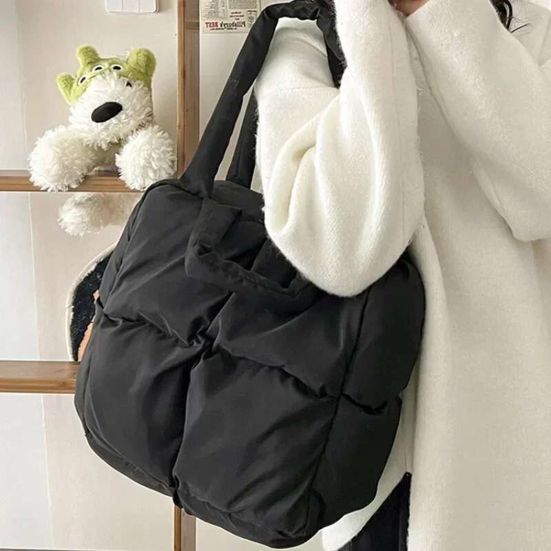 Women Retro Checkered Quilted Shoulder Bag Solid Color Soft Handbags Pink Sapce Padded Tote Brand Designer