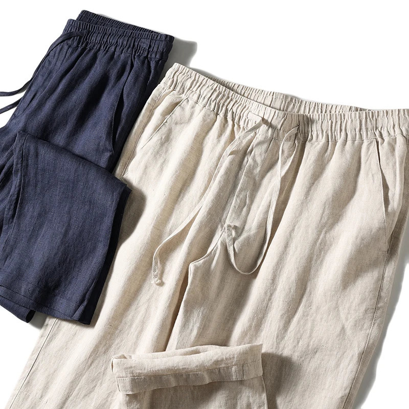 Natural Linen Pure Skin Breathable Summer Color Fashion Slim Fit Men Loose 100% Straight Flax Casual Pants 250515