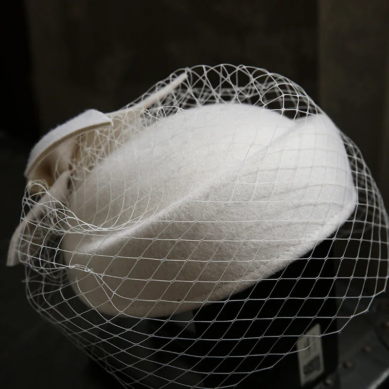 Winter Wool Bow Hat with VeilLadies Elegant French Style Party Wedding Bridal FascinatorWomen Vintage Ascot Derby Hat 250514