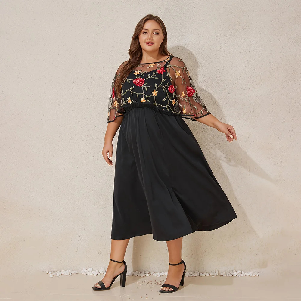 Elegant Plus Size Women Floral Embroidery Cloak Sleeve Strappy Midi Dress With Pocket Banquet Party Cocktail Evening Ball Gownn 250509