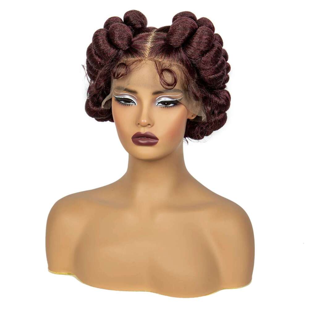 Bury 99J Handmade Bantu Wigs with Baby Hair Short Cute Synthetic Full Knotless Braided Lace Wig For Black Women