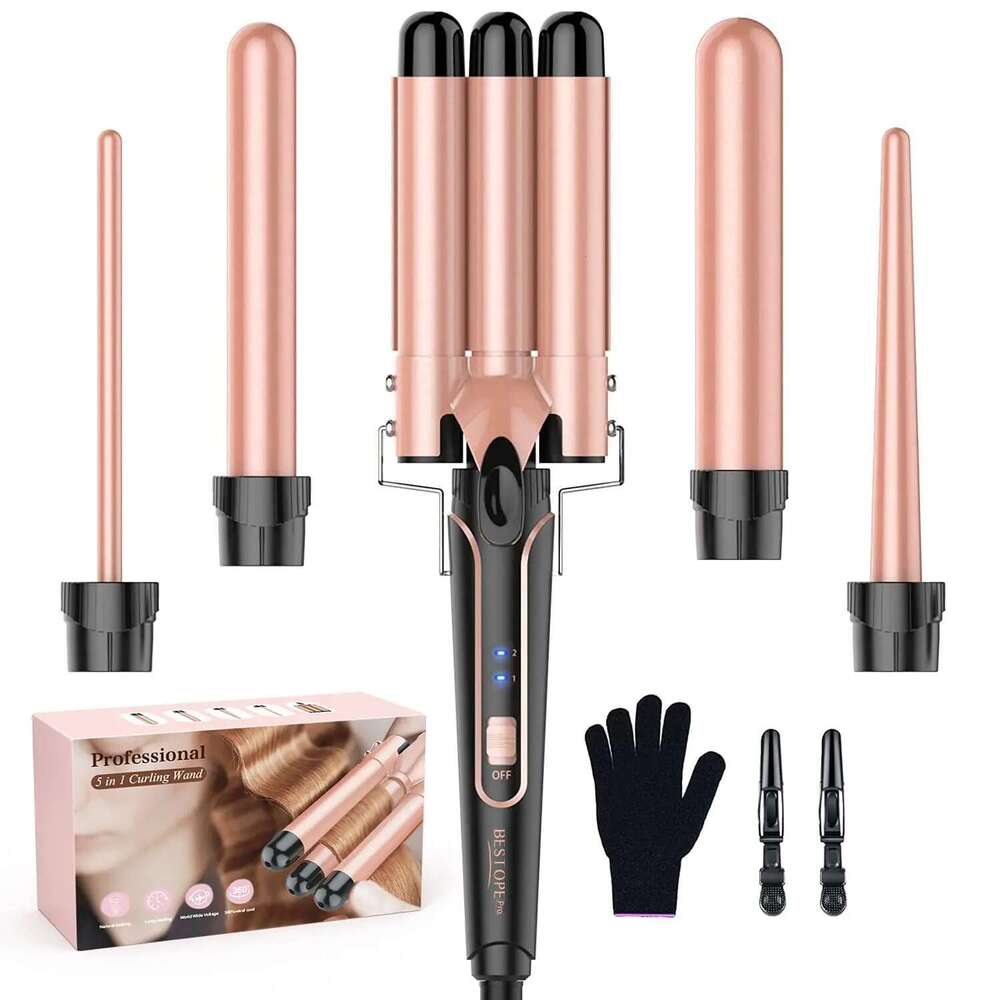 BESTOPE PRO Waver Iron Wand, 5 in 1 Curling Set with 3 Barrel Crimper for Women, Fast Heating Hair Wand Curle