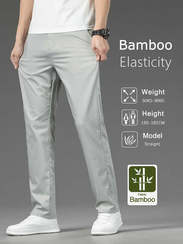 Thin Men Bamboo Summer Pants Casual High Quality Business Classic Fashion Stretch Slim Formal Straight Trousers Black Gray Khaki 250515