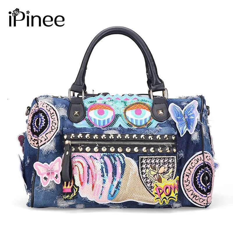 Ipinee New Women Lage Travel Cute Cartoon Daypack Denim Bags Handbags Fashion Shoulder Bag Female
