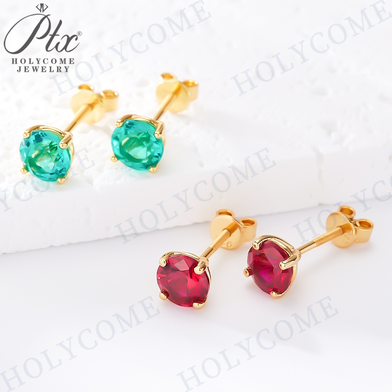 Hot Sale Lab Grown Emerald Stud Earrings 5.0/6.5mm Ruby Red Vivid Green K White/Yellow Gold Push Back Prong Setting Earrings Jewelry Gift Charm Women