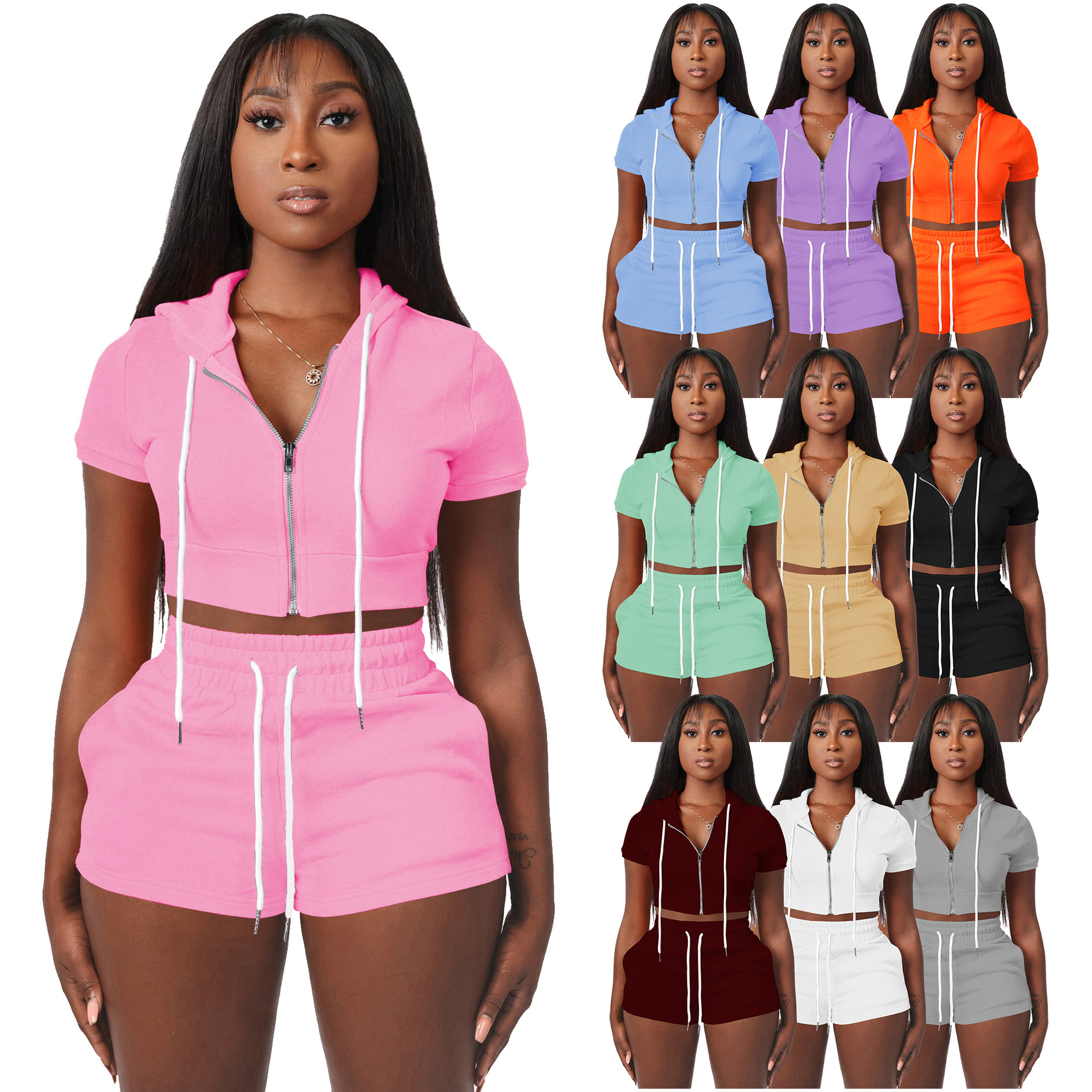 Hr8210 womens zipper cardigan solid color jacket hooded two-piece set
