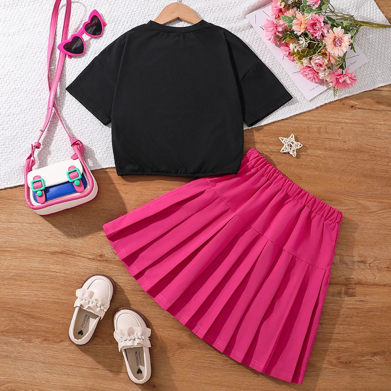 Childrens Fashion Clothes Sets For Kids Girl Black Smiley T-shirt And Rose Red Pleated Skirt High Quality Korean Style 250515