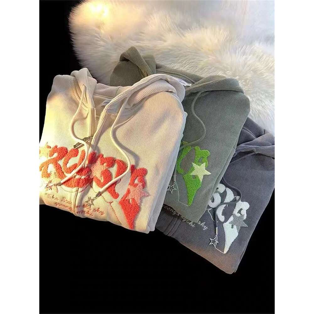 Women Y2k Embroidery Retro Hoodies Autumn Winter Corduroy Zip Up Hoodie Long Sleeve Fashion Loose Graphic Sweatshirt Casual Coat Designer