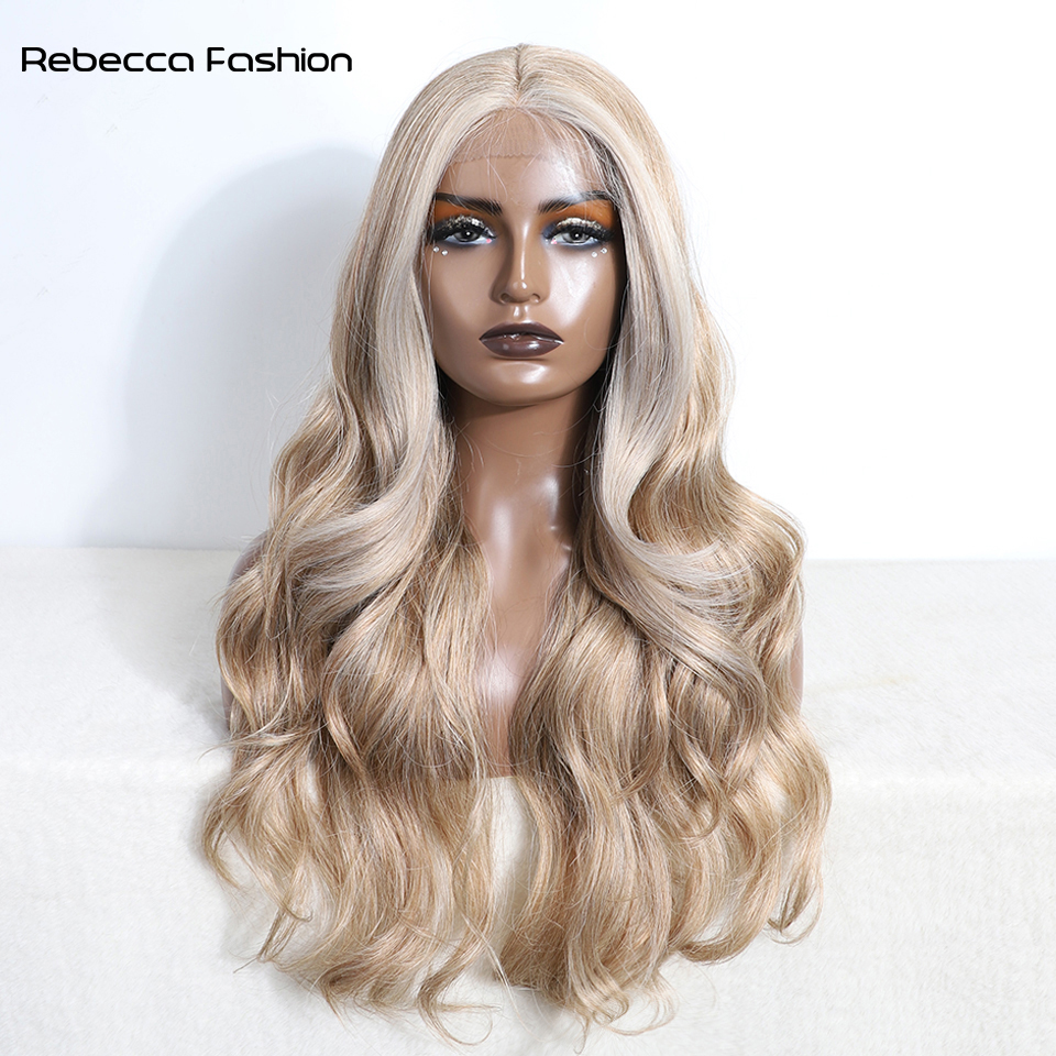 Rebecca Fashion Lace Front Wigs For Women 28'' Highlight Honey Brown Body Wave Ombre Blonde Lace Synthetic Cosplay Wig